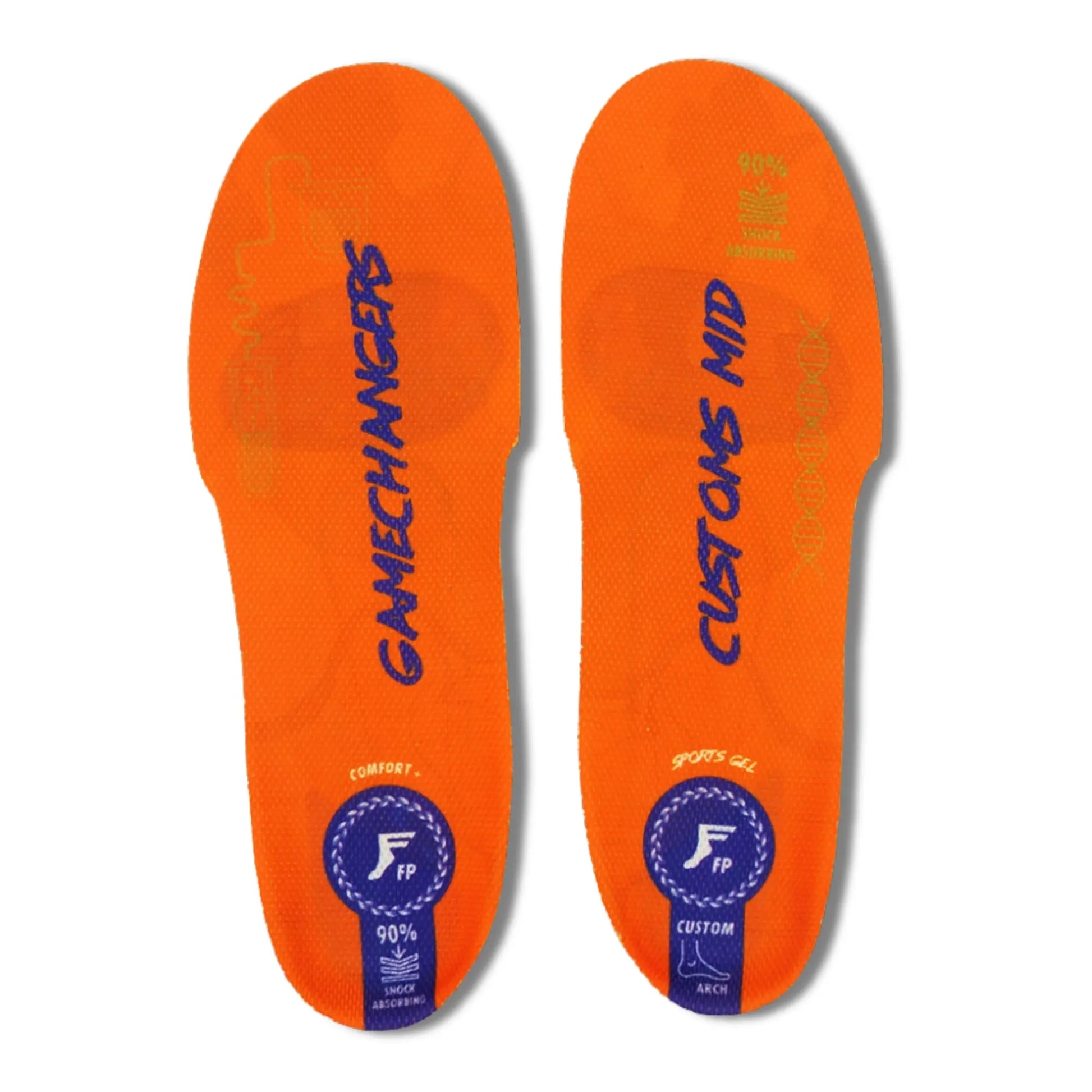 Orange insoles with branding on a white background