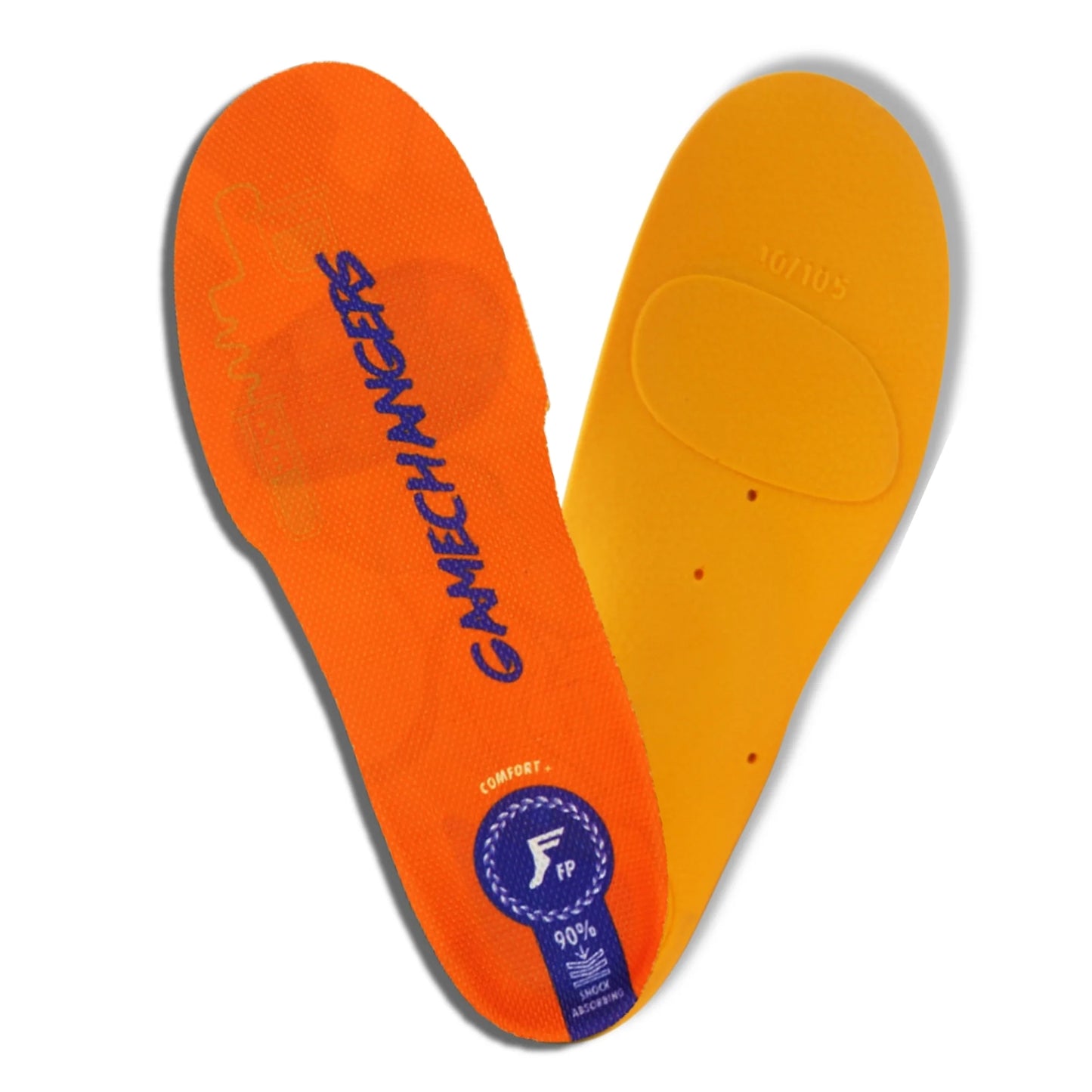 Orange shoe insoles with 'GameChangers' branding on a white background