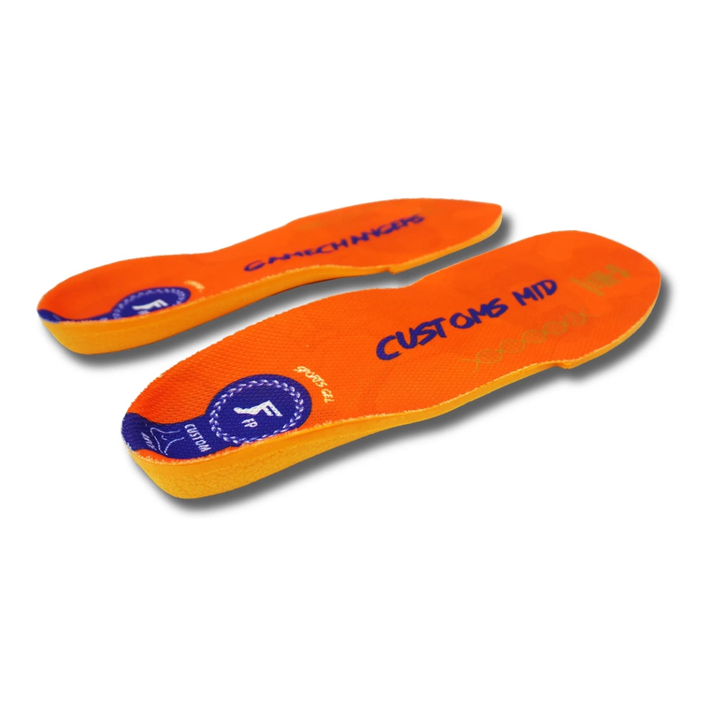 Orange shoe insoles with branding on a white background