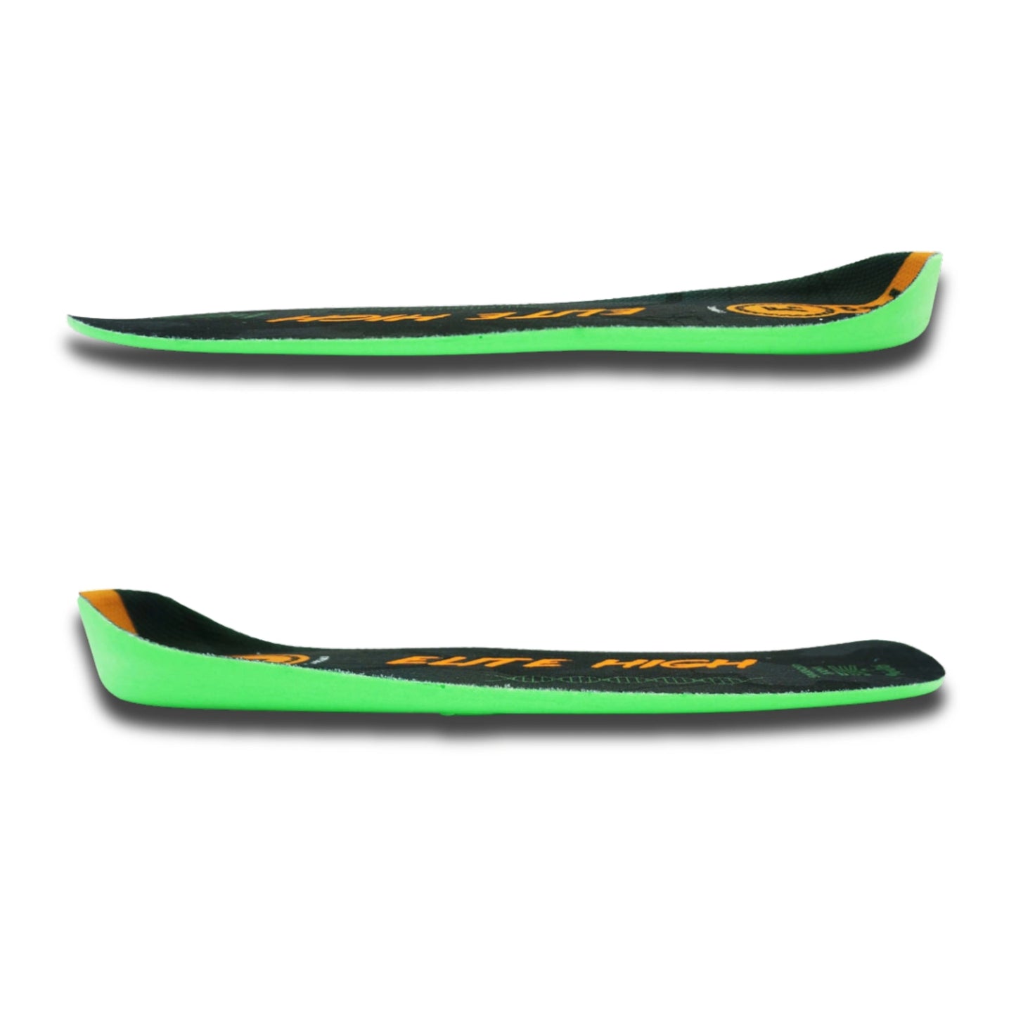 Two green and black ski boots with brand name on a white background