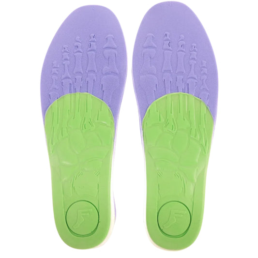 Pair of green and purple shoe insoles with a brand logo on a white background