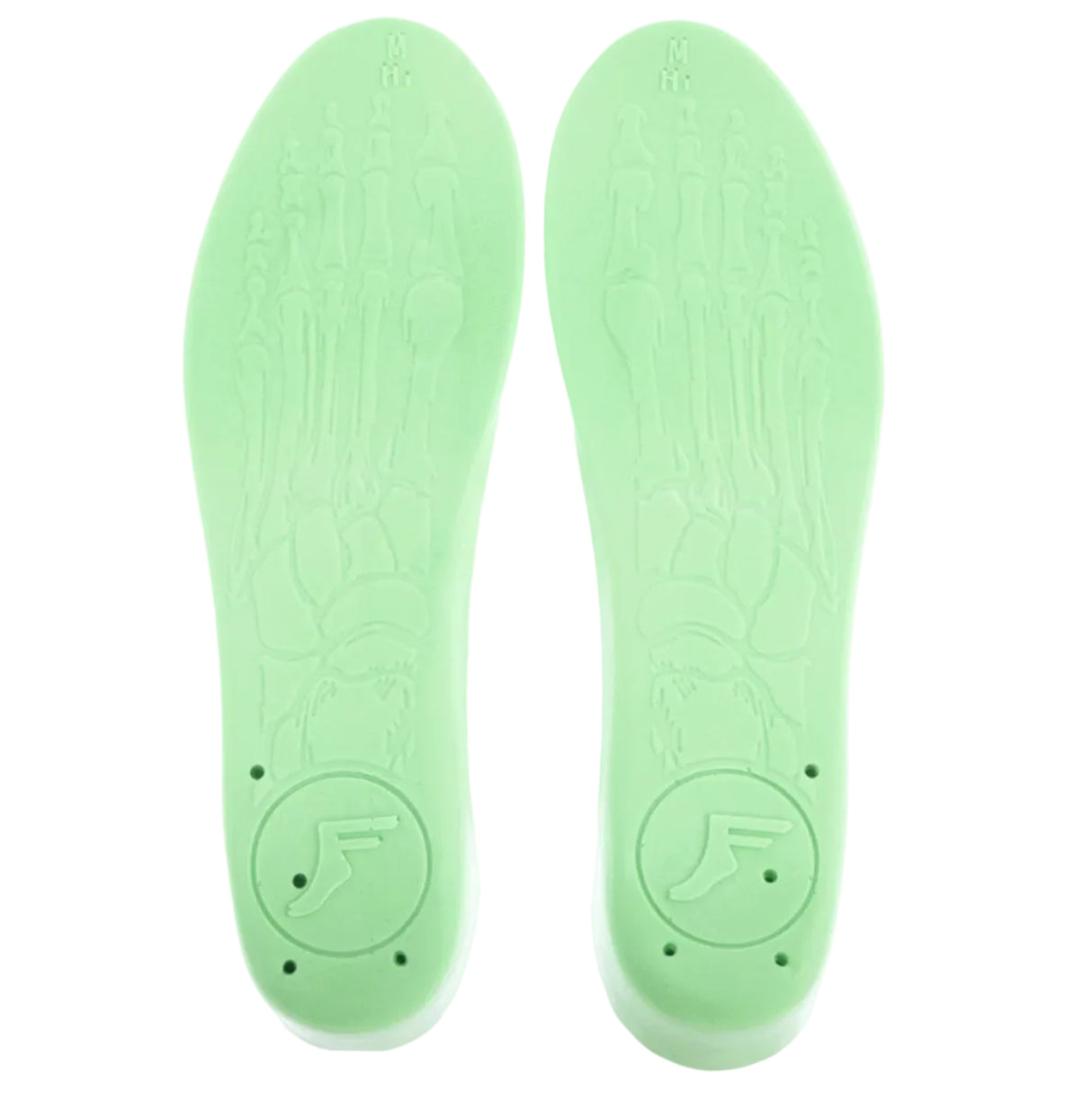 Pair of green shoe insoles with a brand logo on a white background