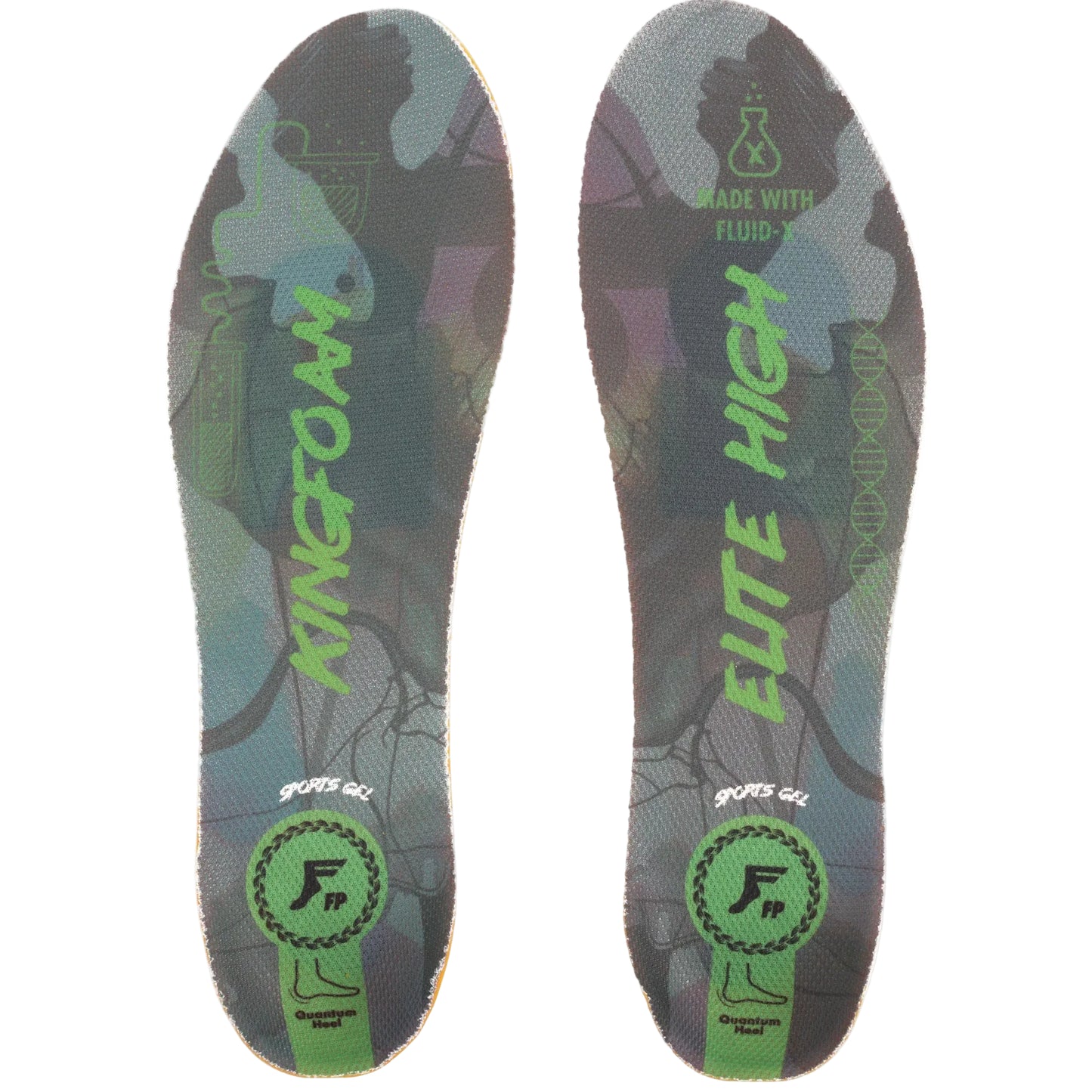 Pair of Kingfoam Elite High athletic insoles with camouflage pattern and green branding on a white background.