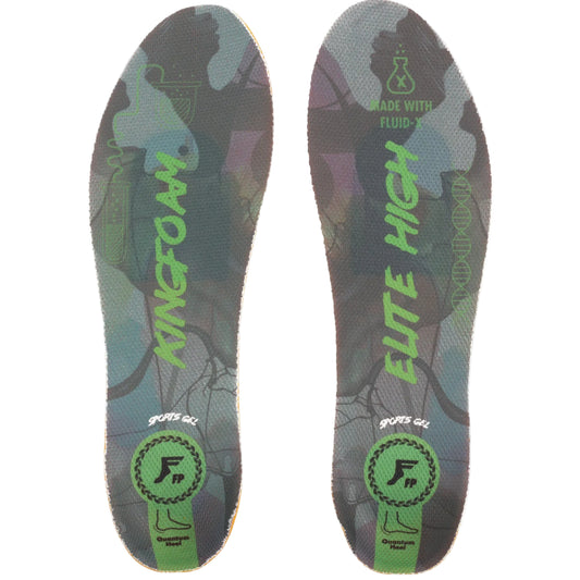 Pair of Kingfoam Elite High athletic insoles with camouflage pattern and green branding on a white background.