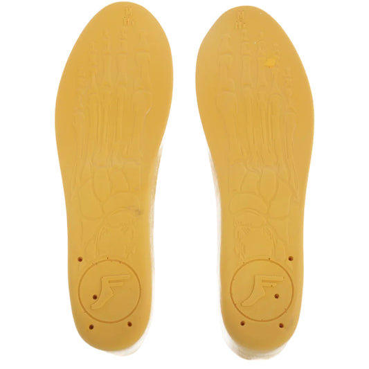 Yellow shoe insoles with a brand logo on a white background
