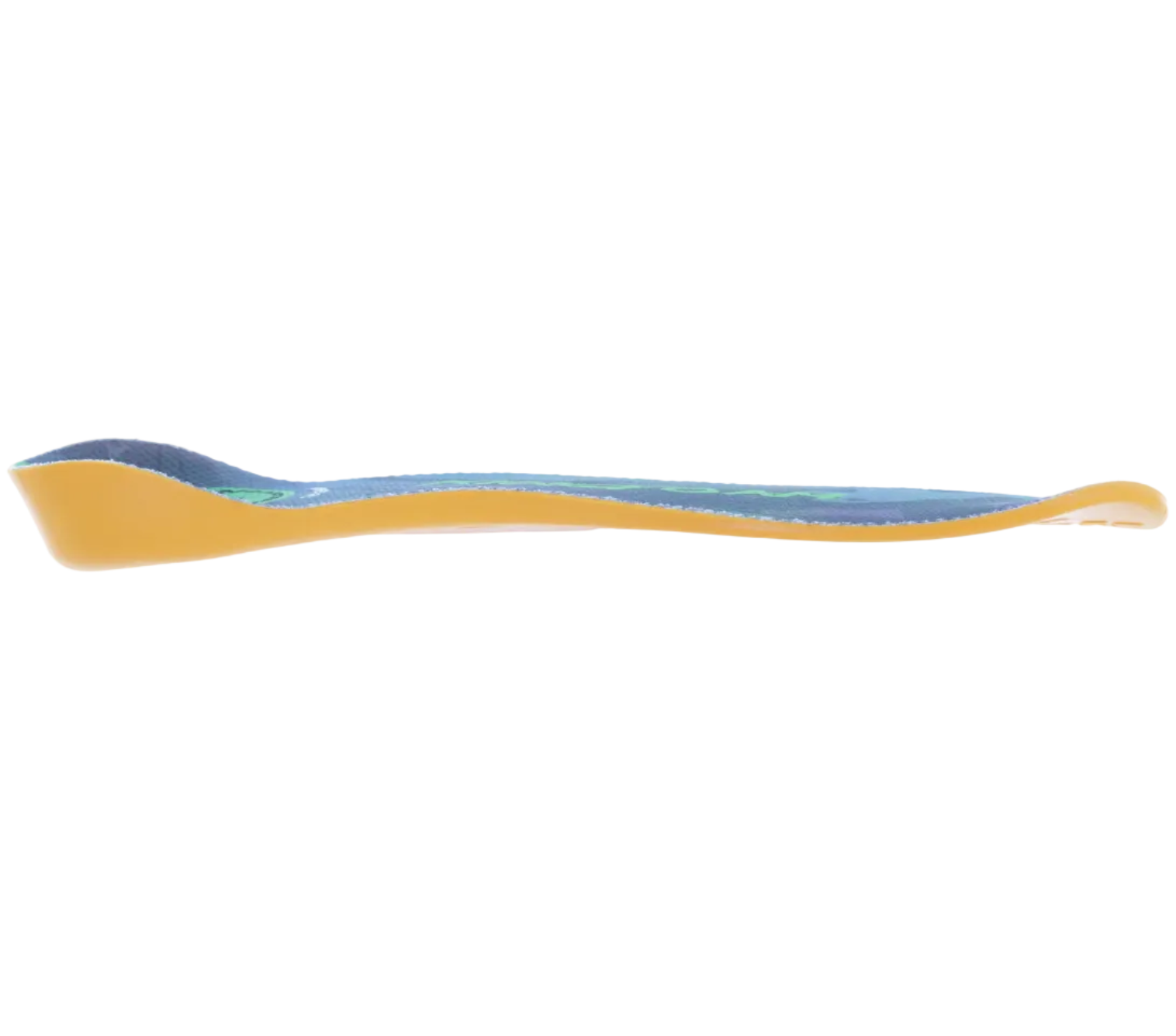 Shoe insole with blue and yellow design on a white background
