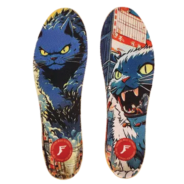 Pair of blue cat-themed insoles on a white background