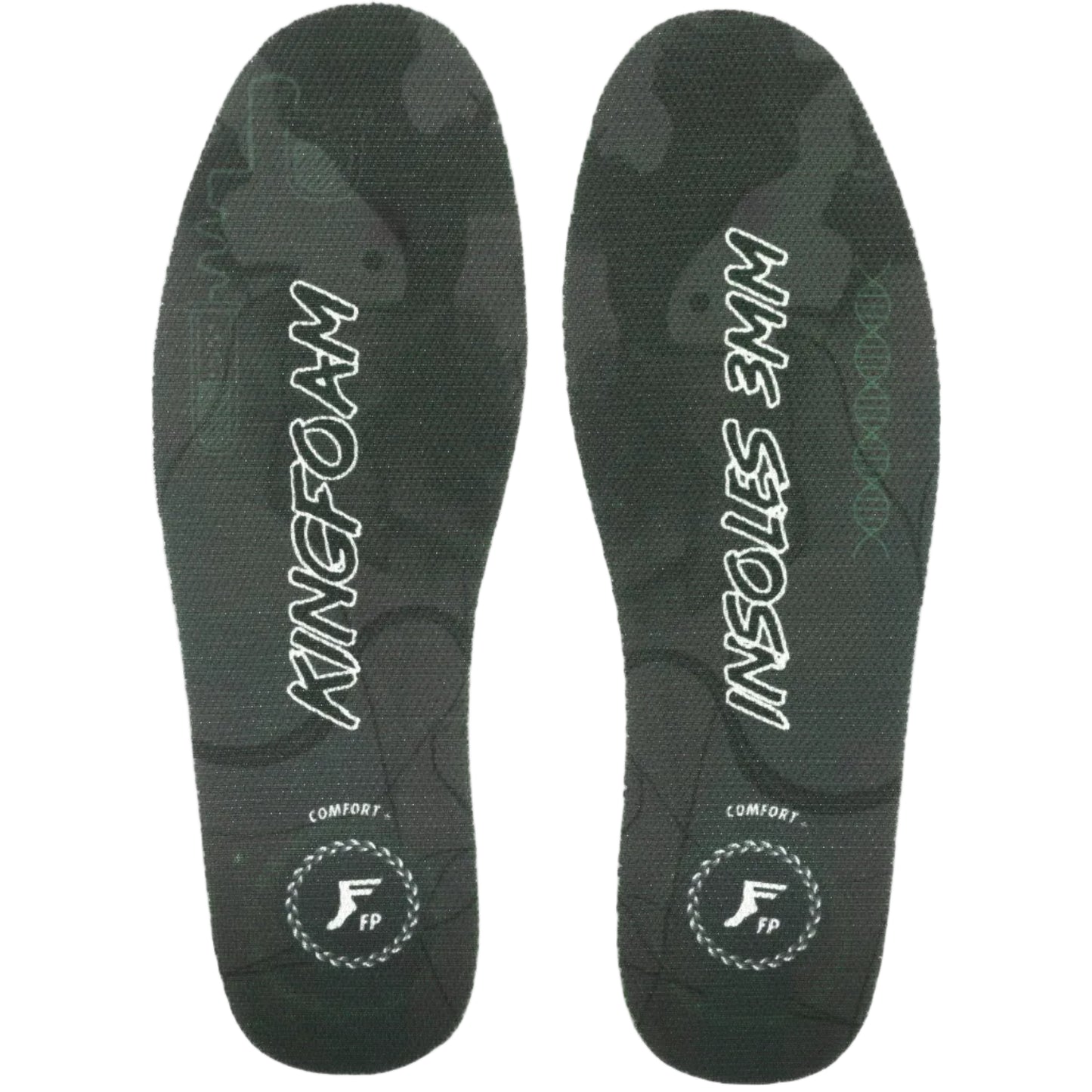 Pair of black insoles with 'Kingfoam' branding on a white background