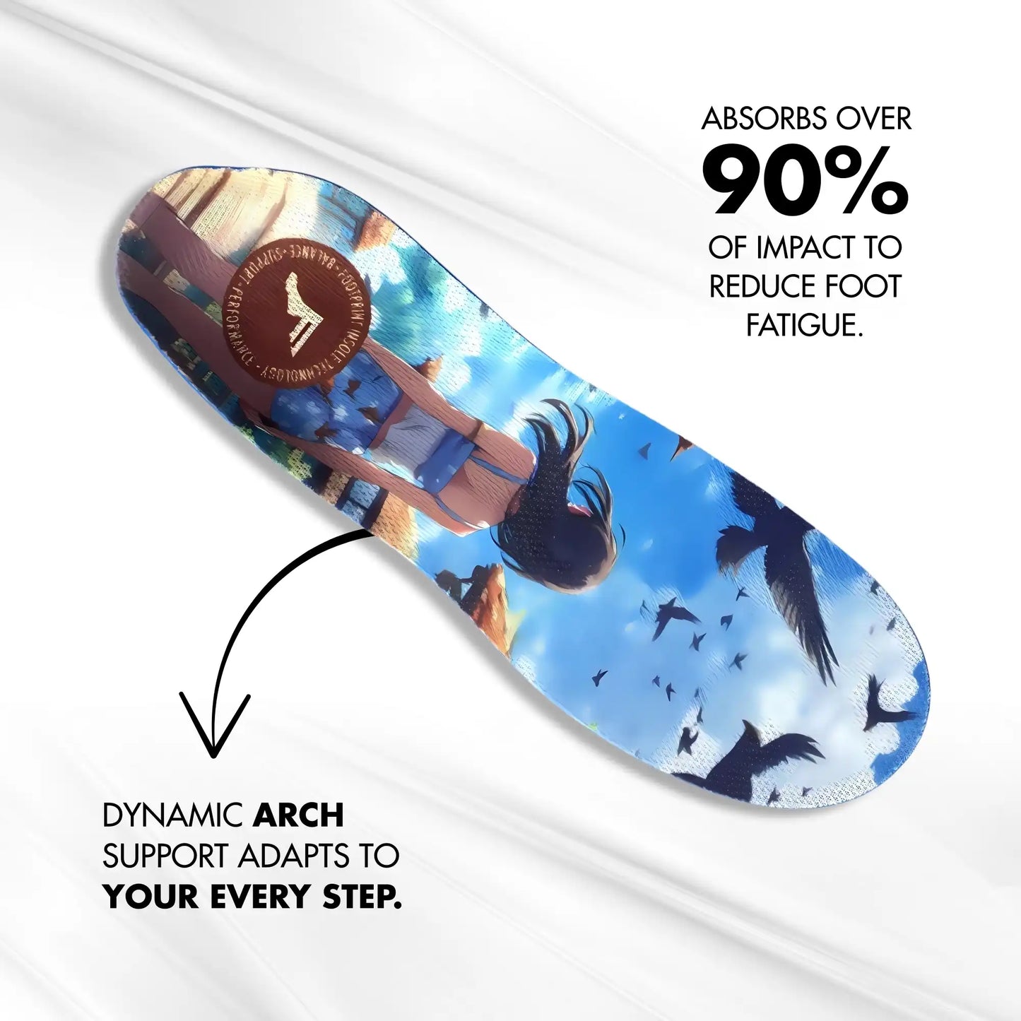Colorful shoe insole with dynamic arch support and nature design on a white background