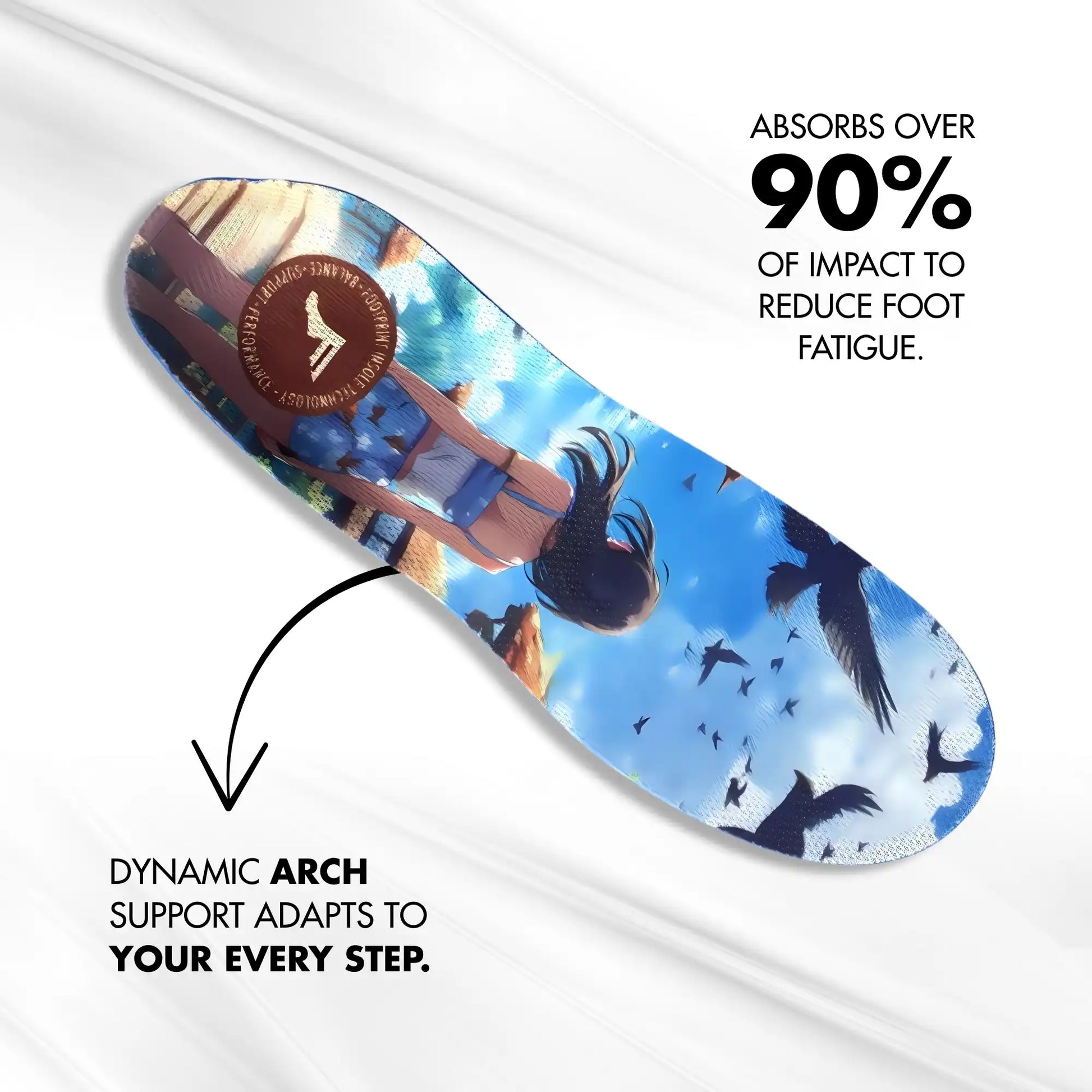 Colorful shoe insole with dynamic arch support and nature design on a white background