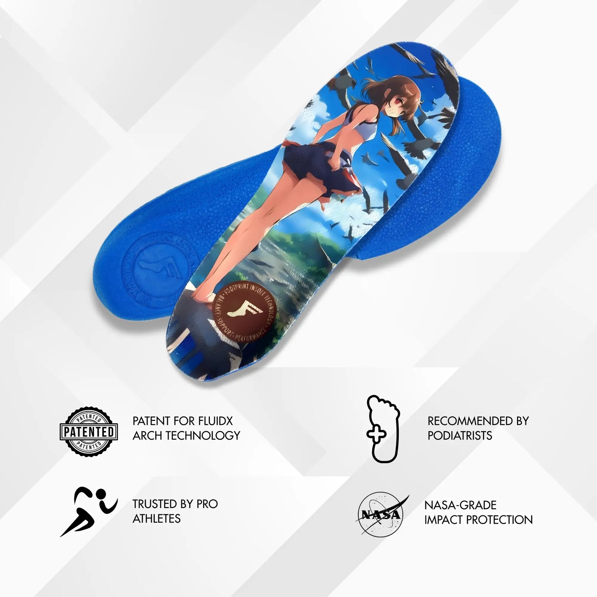 Blue shoe insole with a design of a person running, on a white background with branding and certification logos.