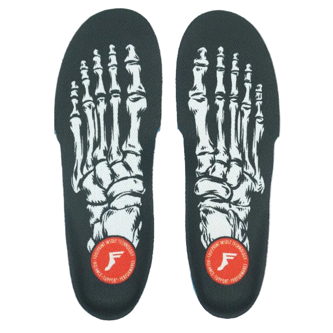 Pair of shoe insoles with skeleton design and a brand logo on a white background