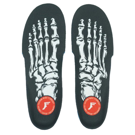 Pair of shoe insoles with skeleton design and a brand logo on a white background