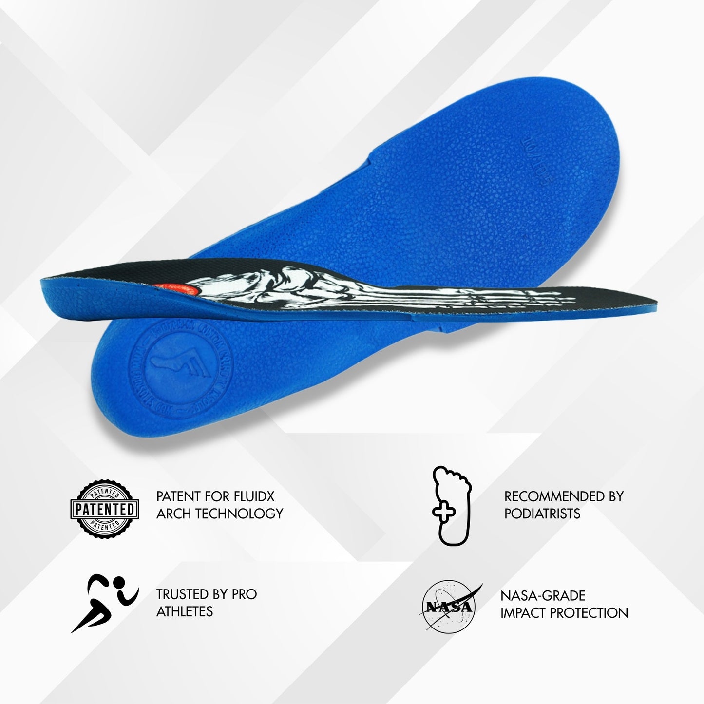 Blue shoe insole with branding and certification logos on a white background