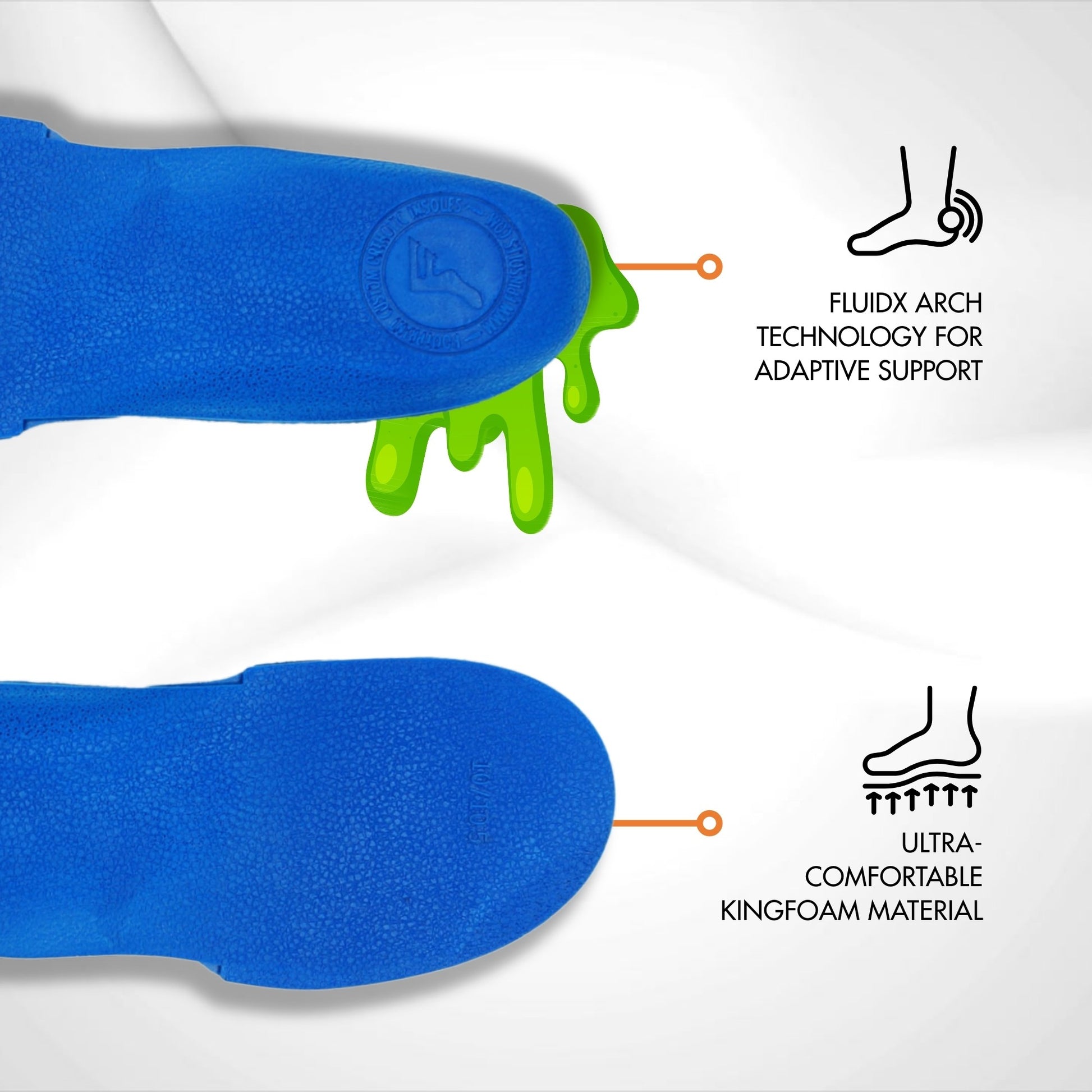 Blue and green arch support insoles with text on adaptive support and comfort material.