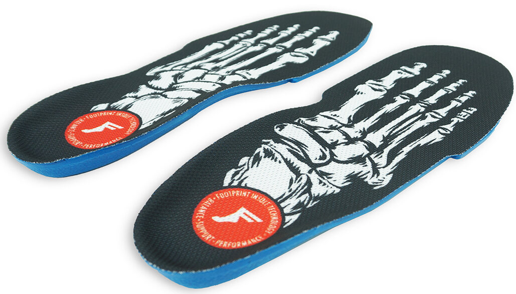 Shoe insoles with skeleton design and brand logo on a white background