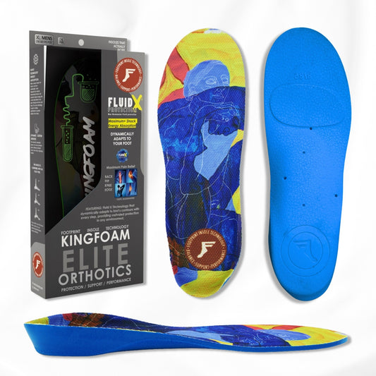 Colorful orthotic insoles with packaging on a white background