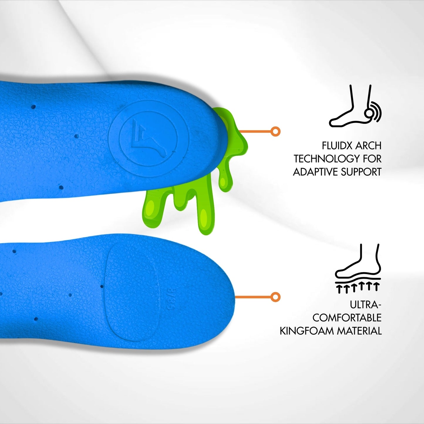 Blue and green shoe insoles with text highlighting 'Fluidx Arch Technology' and 'Ultra-Comfortable Kingfoam Material'.