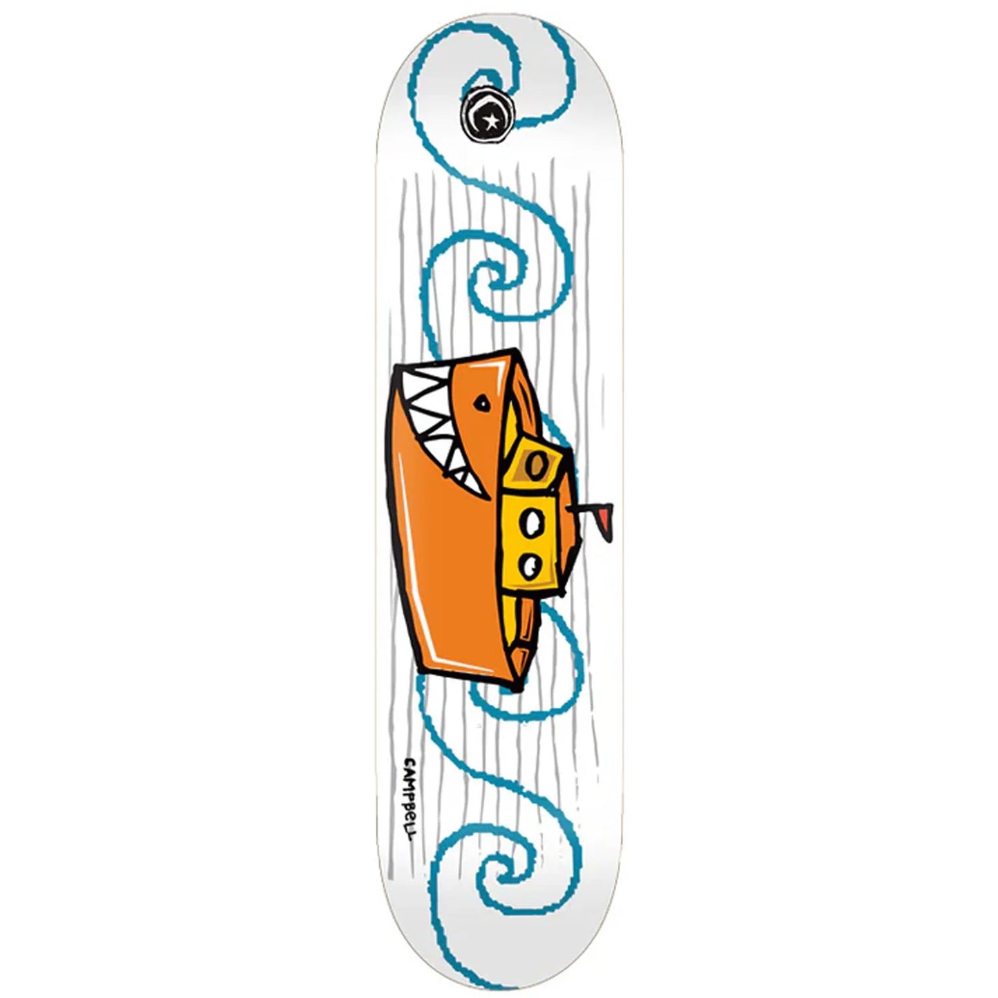 Skateboard deck with a cartoon shark design on a white background