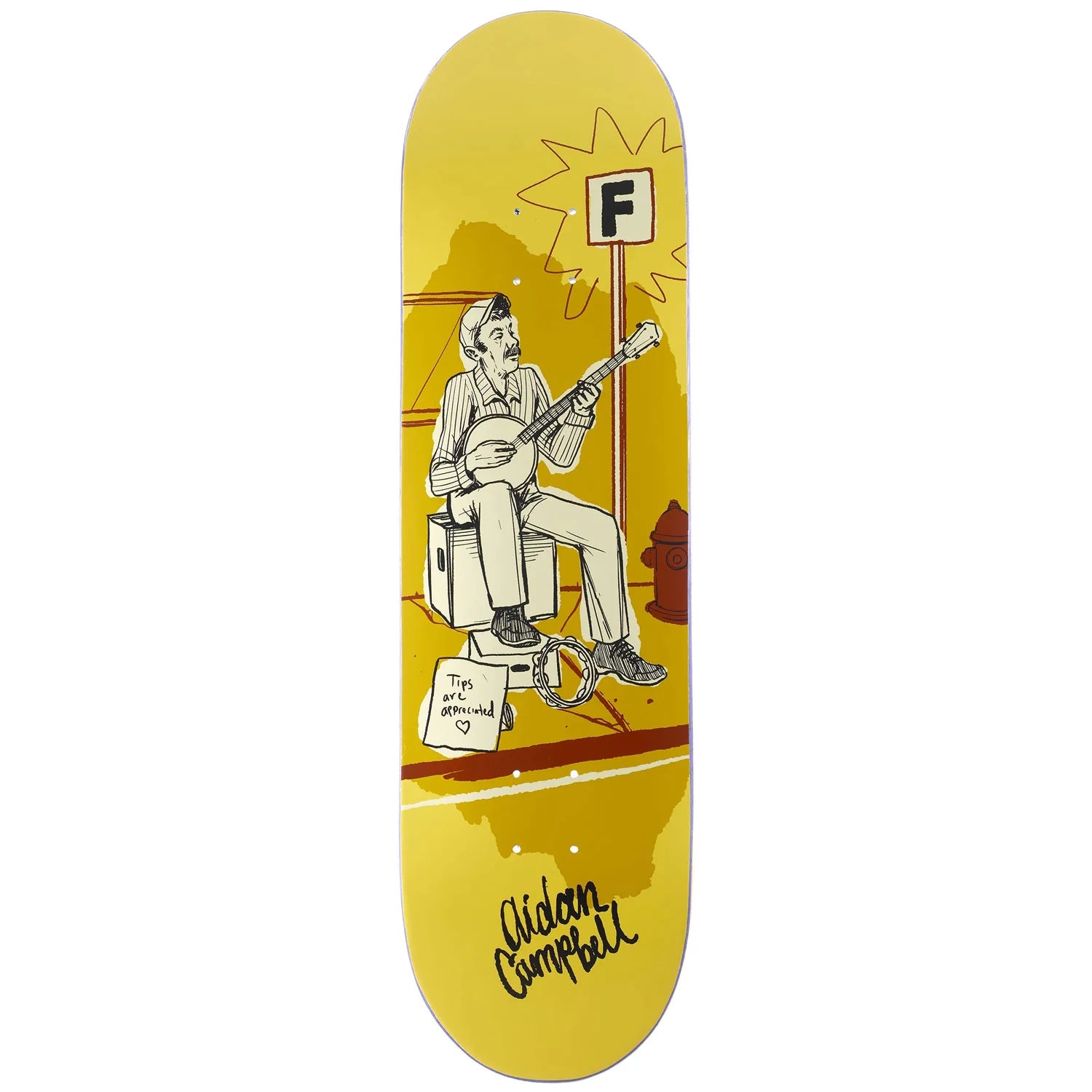 Skateboard deck with a graphic of a person playing guitar, sitting on a stool, and holding a microphone.