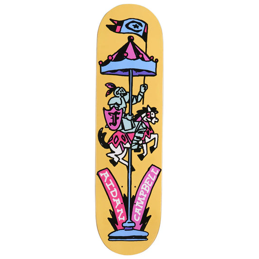 Skateboard deck with a colorful design of a carousel and text on a yellow background