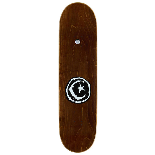 Wooden skateboard deck with a star and moon design on a white background