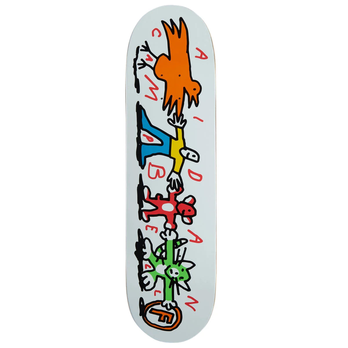 A skateboard deck featuring a white background with a colorful cartoon-style illustration of three figures in orange, yellow, and red, along with red letters spelling out 'aidan campbell' in script.