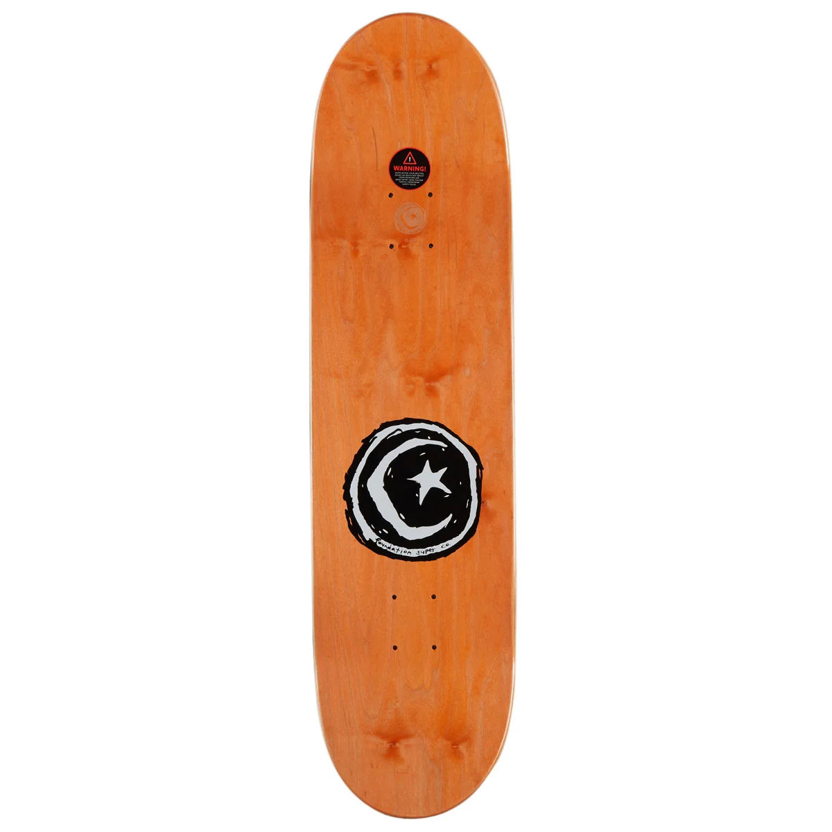 An orange maple skateboard deck with a black and white circular logo featuring a star, shown against a plain white background.