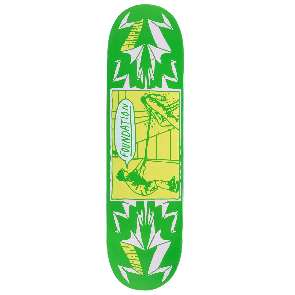 A skateboard deck shown vertically against a plain white background. The deck is bright green with a large central yellow graphic depicting a person hanging from a rope in a cage, surrounded by white abstract geometric patterns and the word 'FOUNDATION' on the graphic.