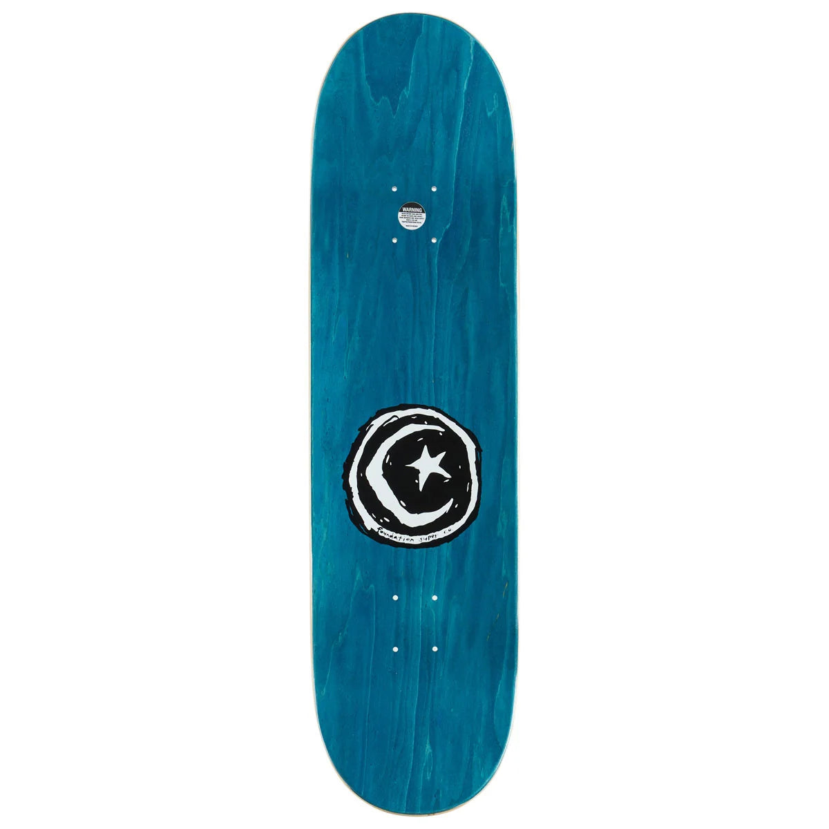 A teal blue skateboard deck with a black and white circular moon and star graphic in the center, shown against a plain white background.