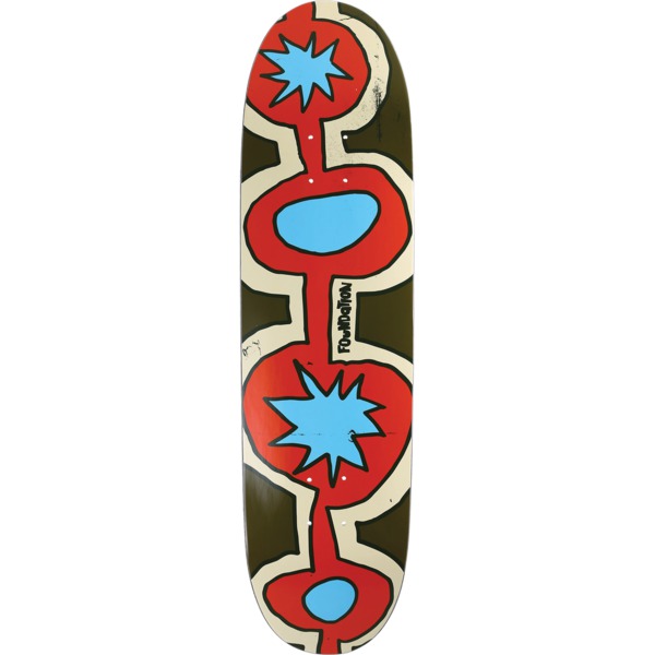 Skateboard deck with red, blue, and brown abstract design on a white background