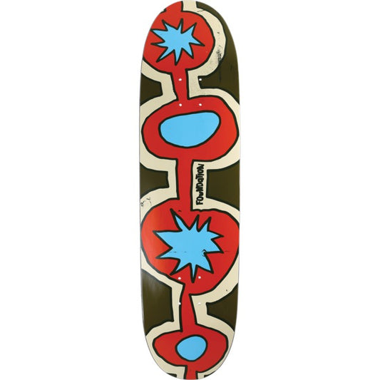 Skateboard deck with red, blue, and brown abstract design on a white background