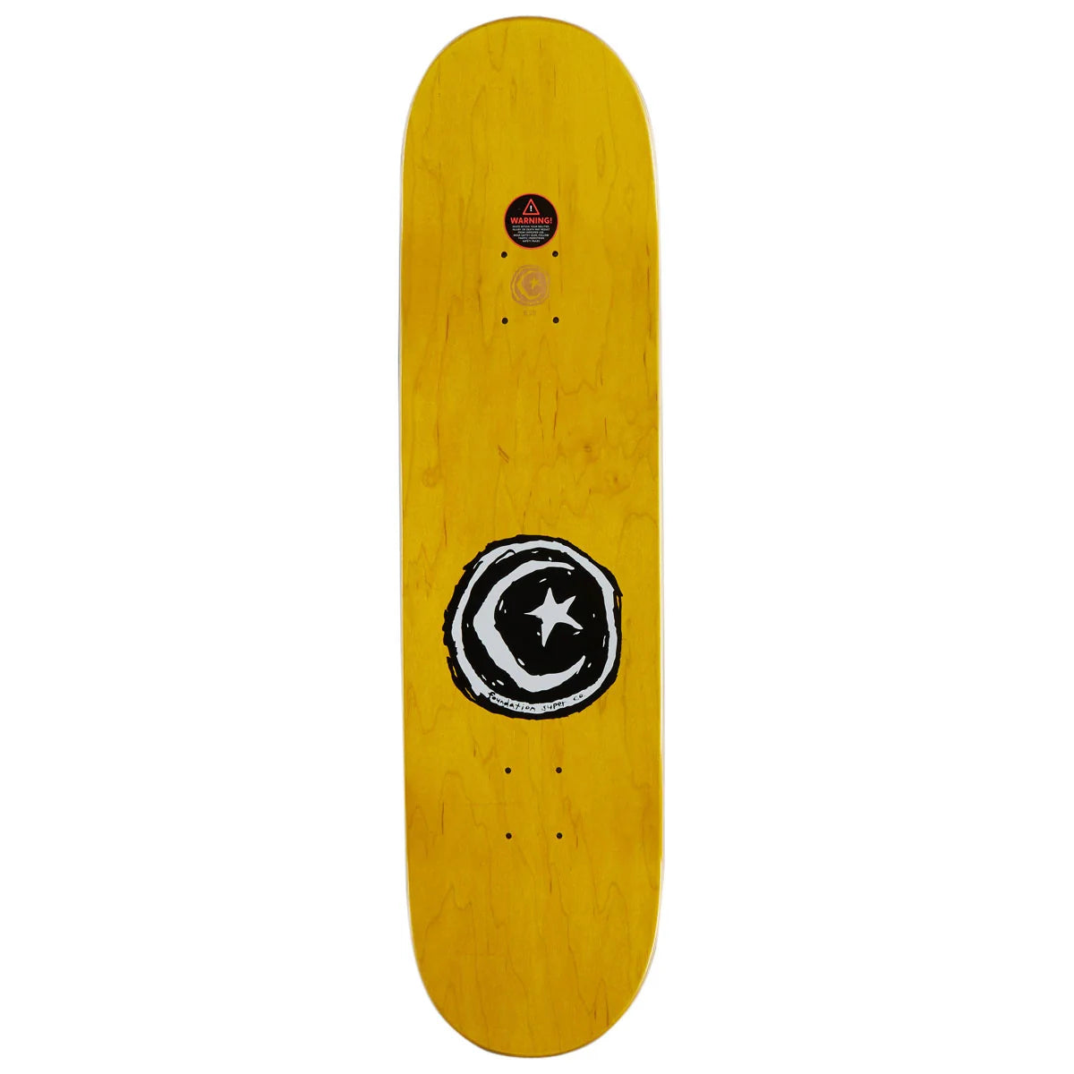 A skateboard deck with a natural yellow wood finish, featuring a black and white crescent moon and star graphic on the bottom. The deck is shown vertically against a solid white background.