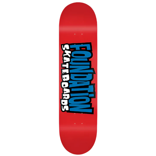 Red skateboard deck with 'Foundation Skateboards' text on a white background