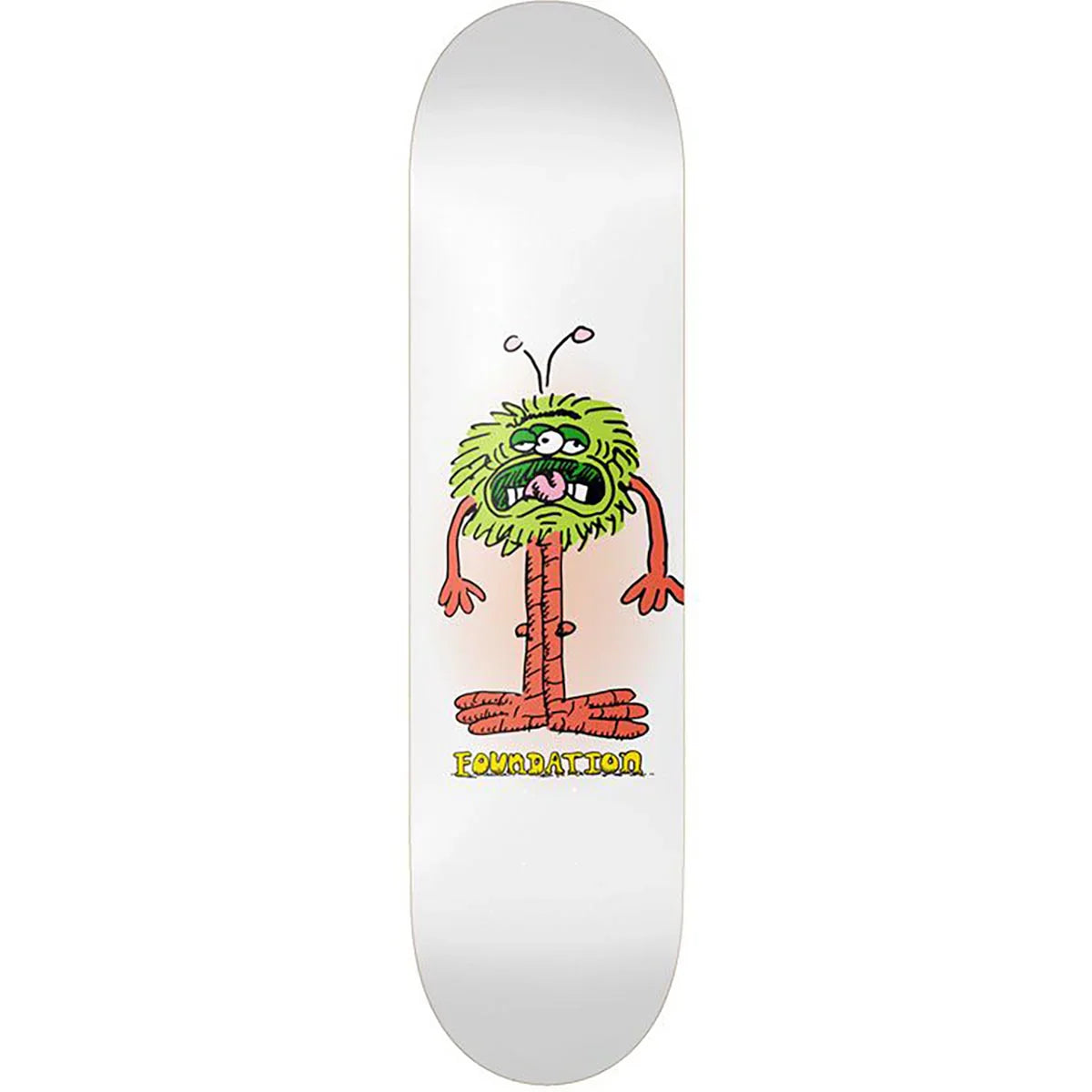 Skateboard deck with a cartoon character design on a white background