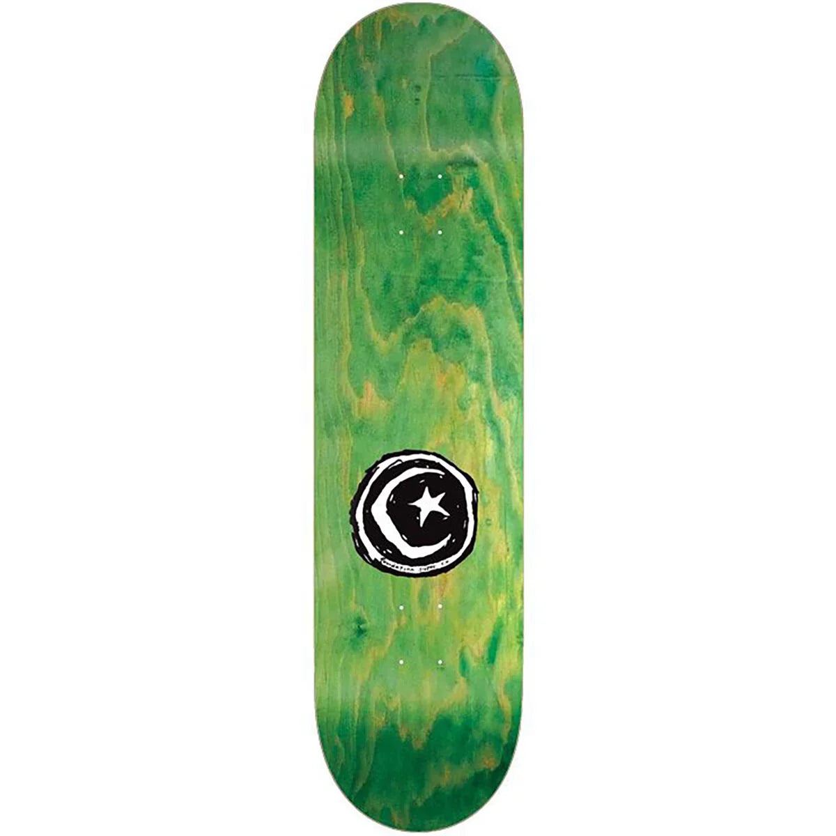 Skateboard deck with green and yellow marbled pattern and a black and white logo on a white background