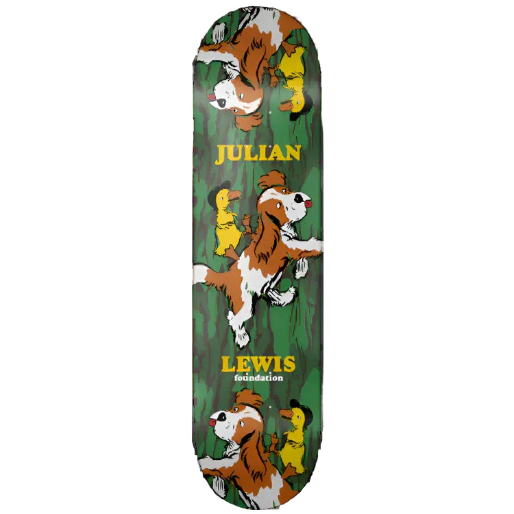 Skateboard deck with cartoon characters and 'Julian Lewis' branding on a green background
