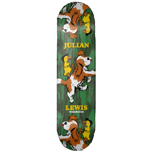 Skateboard deck with cartoon characters and 'Julian Lewis' branding on a green background