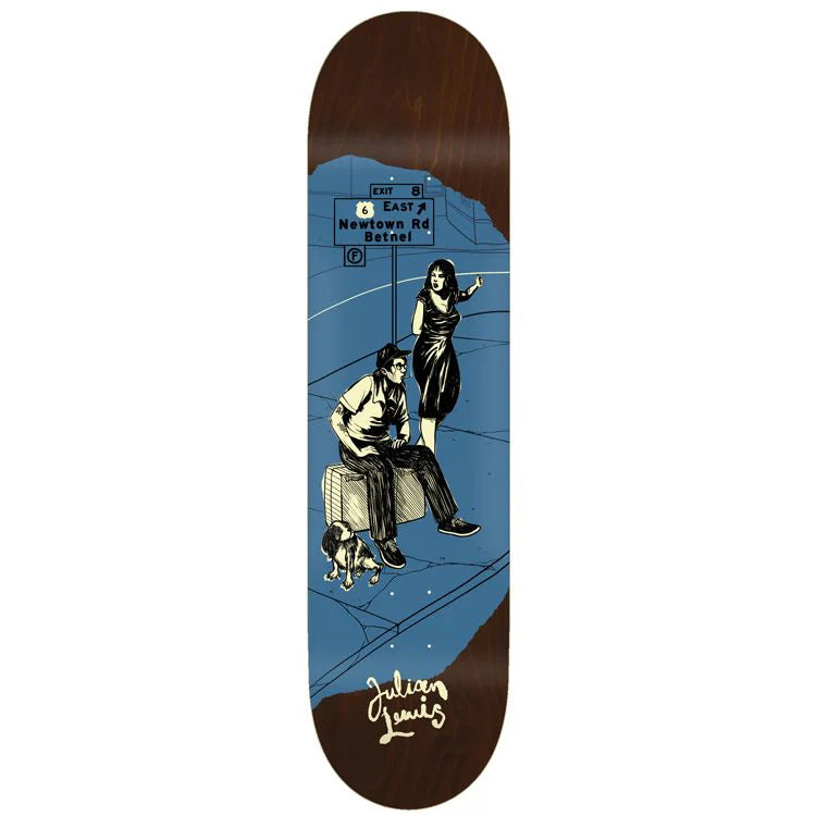 Skateboard deck with artistic design of two people and a dog on a blue background, with brown top and bottom sections.