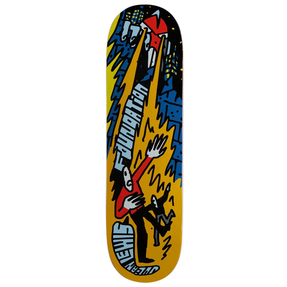 A skateboard deck featuring a vibrant graphic illustration with a yellow background, blue cityscape elements, and a red-robed figure