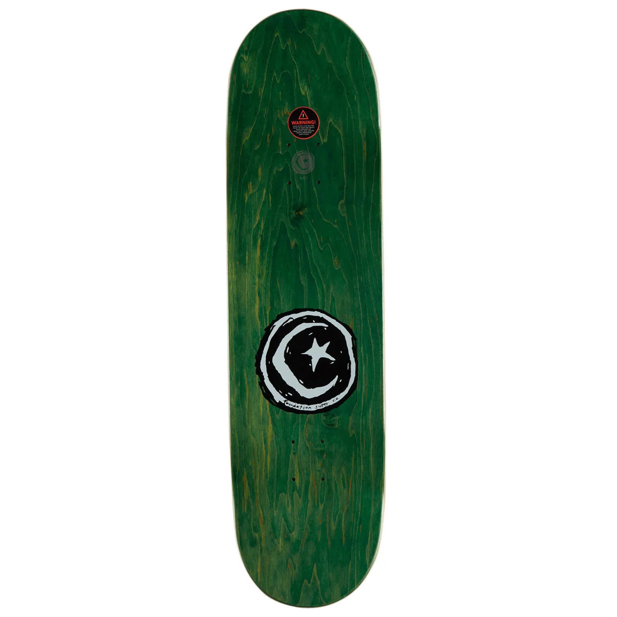 A green skateboard deck with a prominent black and white crescent and star graphic on the bottom, shown against a plain white background.