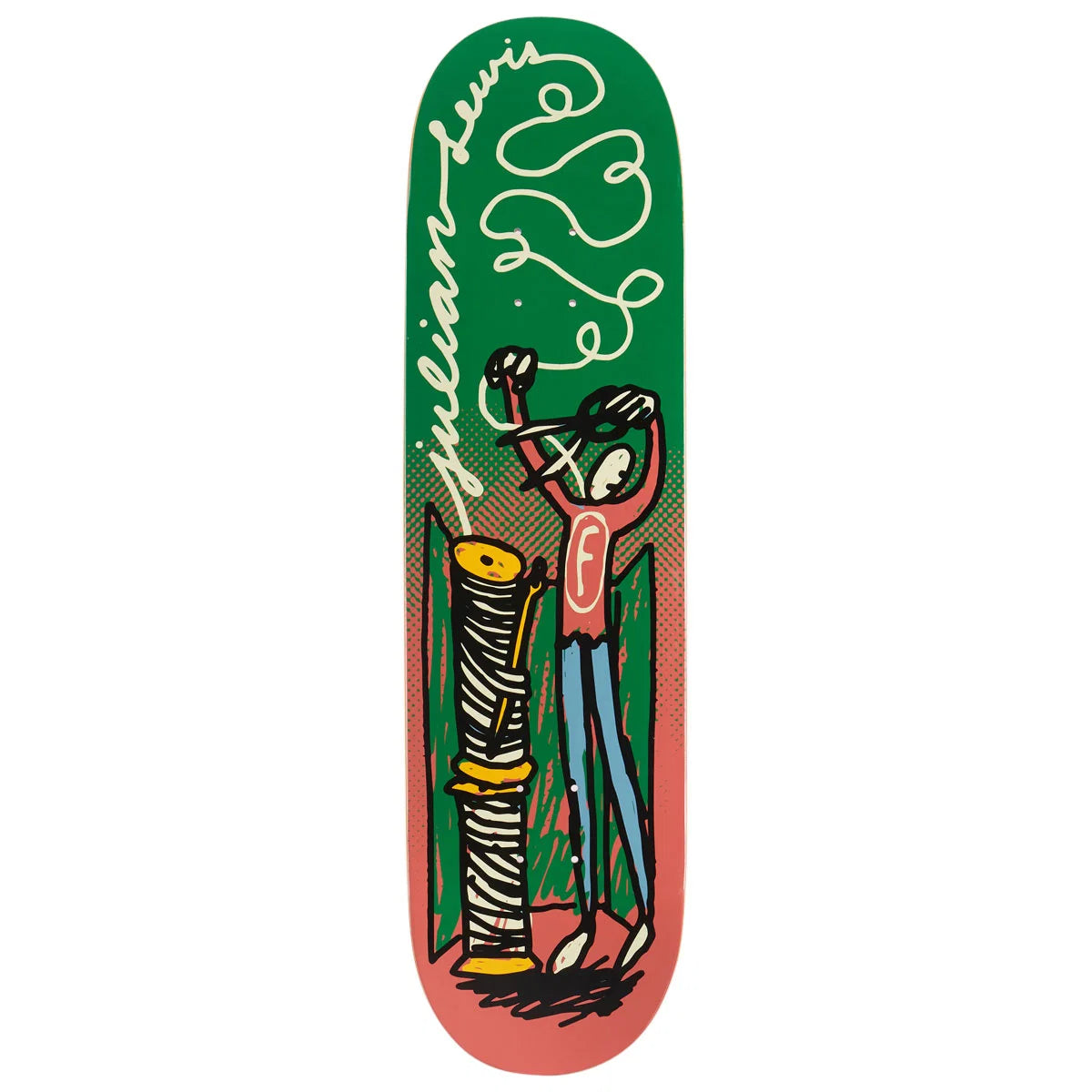 A skateboard deck featuring a green top graphic with a stylized red figure, yellow script text reading 'Julian Lewis', and a red-to-green gradient base.