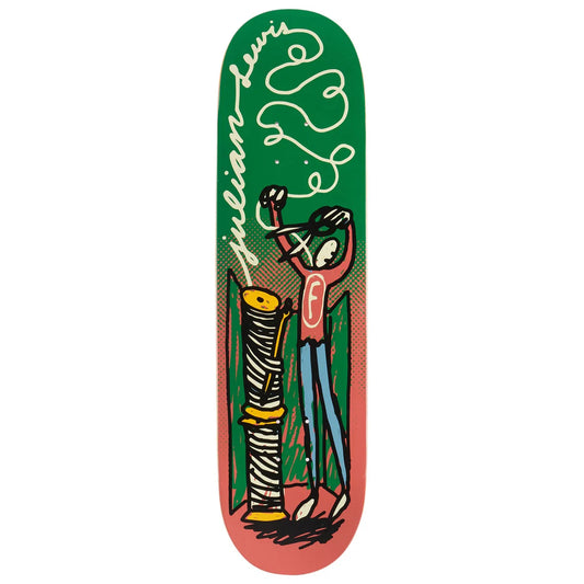 A skateboard deck featuring a green top graphic with a stylized red figure, yellow script text reading 'Julian Lewis', and a red-to-green gradient base.