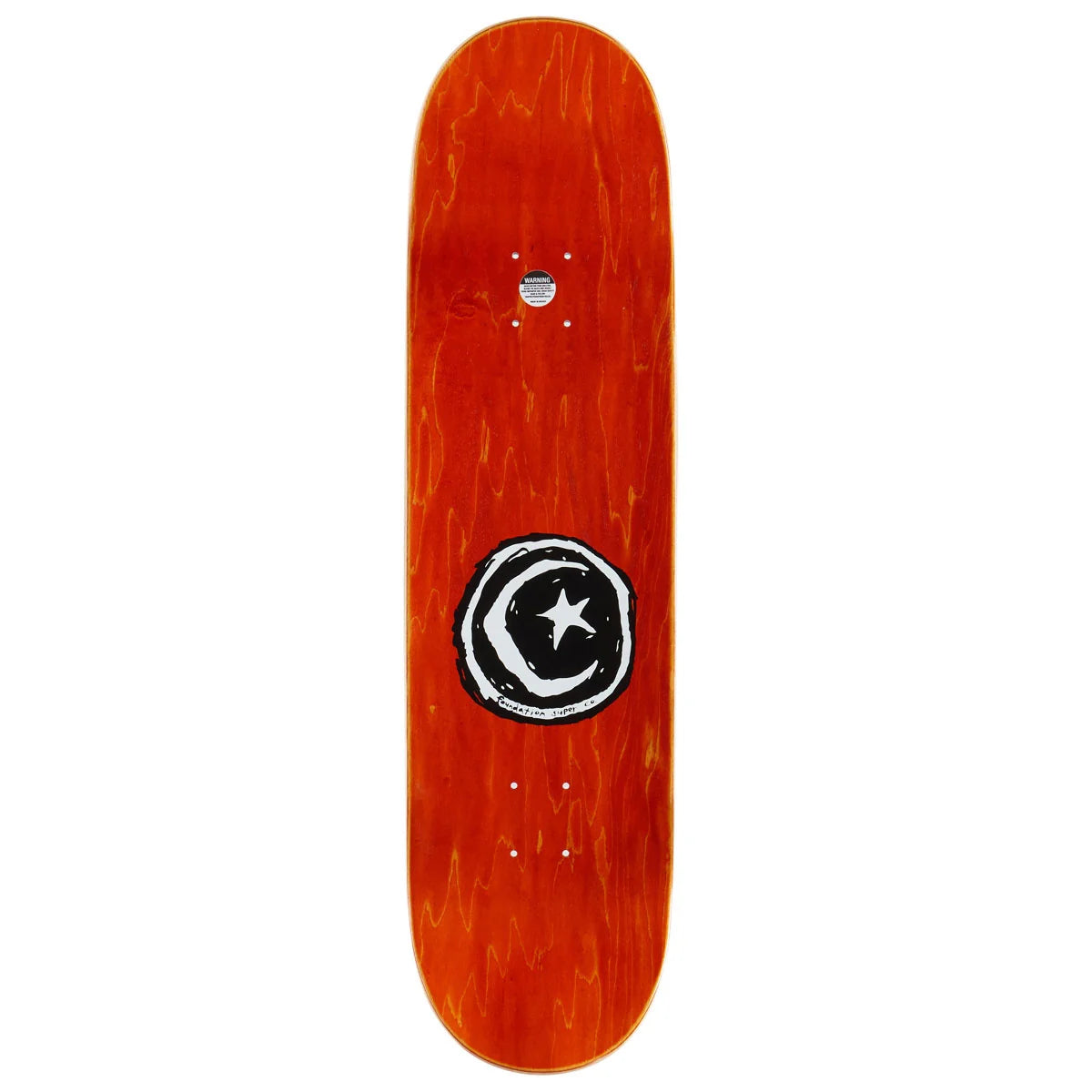 A skateboard deck with a vibrant orange-red wood grain finish, featuring a black and white circular logo with a star in the center, shown against a plain white background.