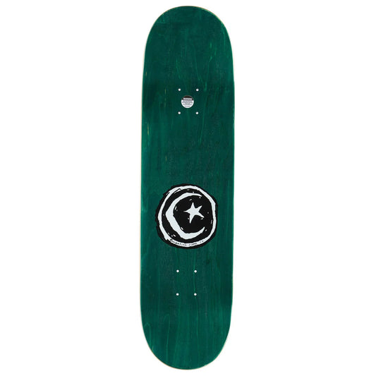 A dark green skateboard deck with a white hand-drawn style logo of a crescent moon and star in the center, shown against a plain white background.
