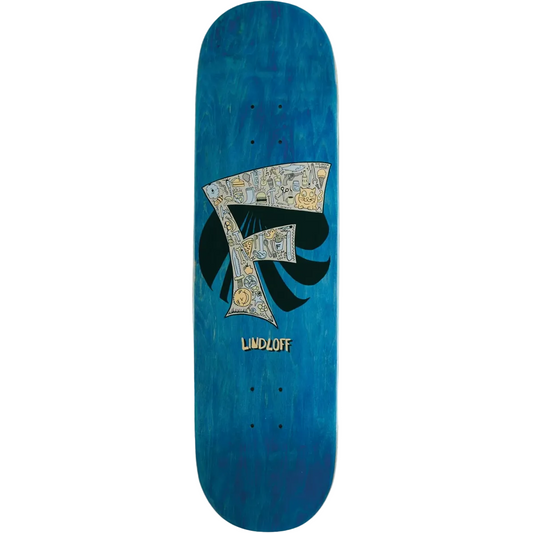 Blue skateboard deck with a decorative logo and 'Lindloff' branding on a white background