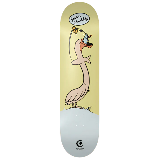 Skateboard deck with a cartoon pelican design on a yellow background