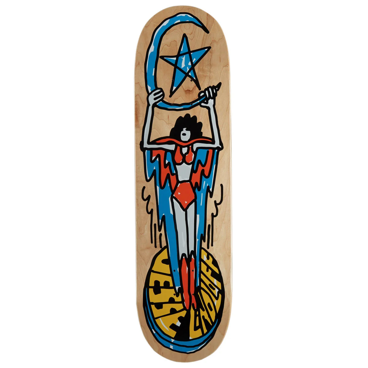 A skateboard deck with a natural wood-grain background and a colorful graphic illustration of a stylized figure holding a blue crescent moon and star, with red, yellow, and black details.