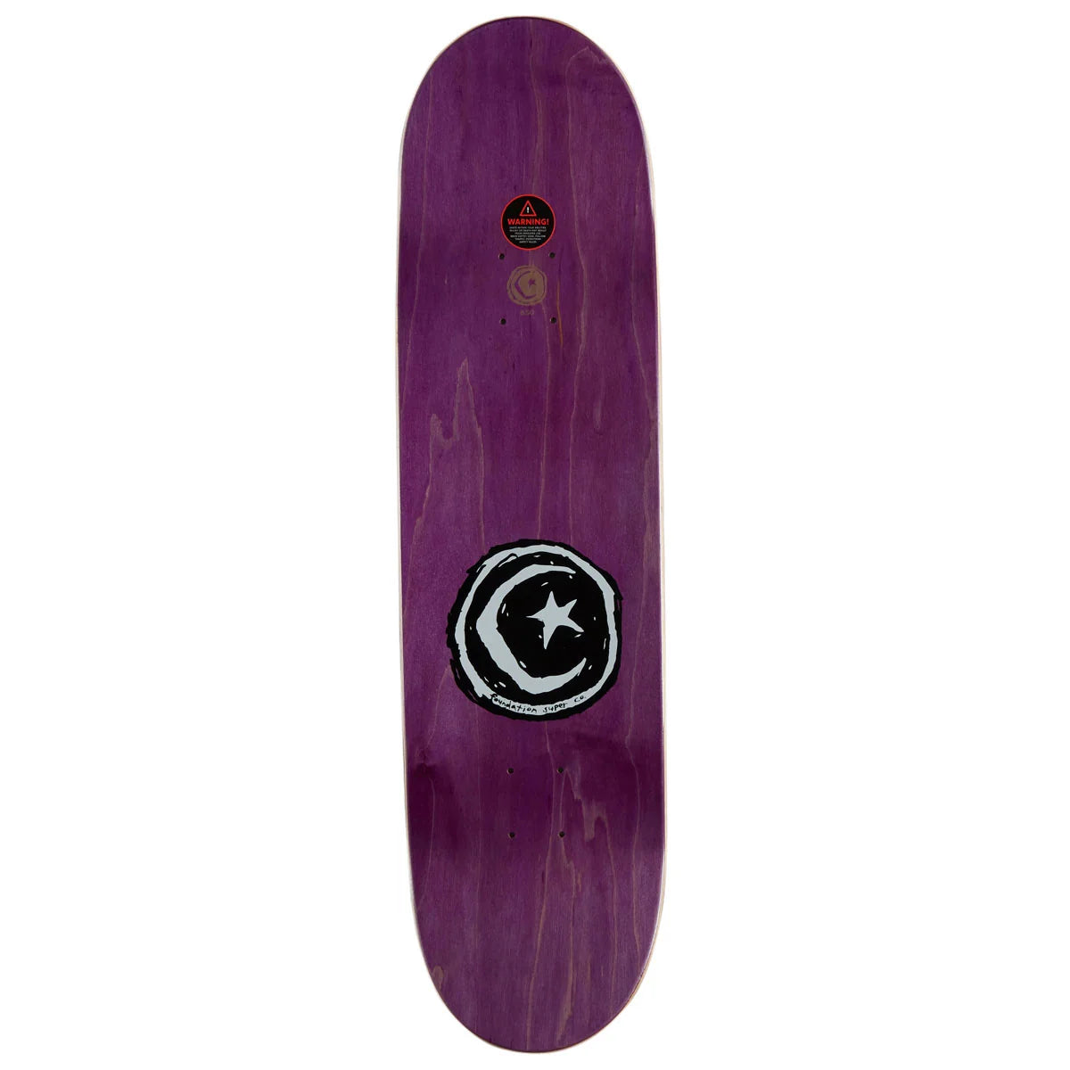 A purple skateboard deck with a black and white circular logo featuring a star in the center, shown against a plain white background.