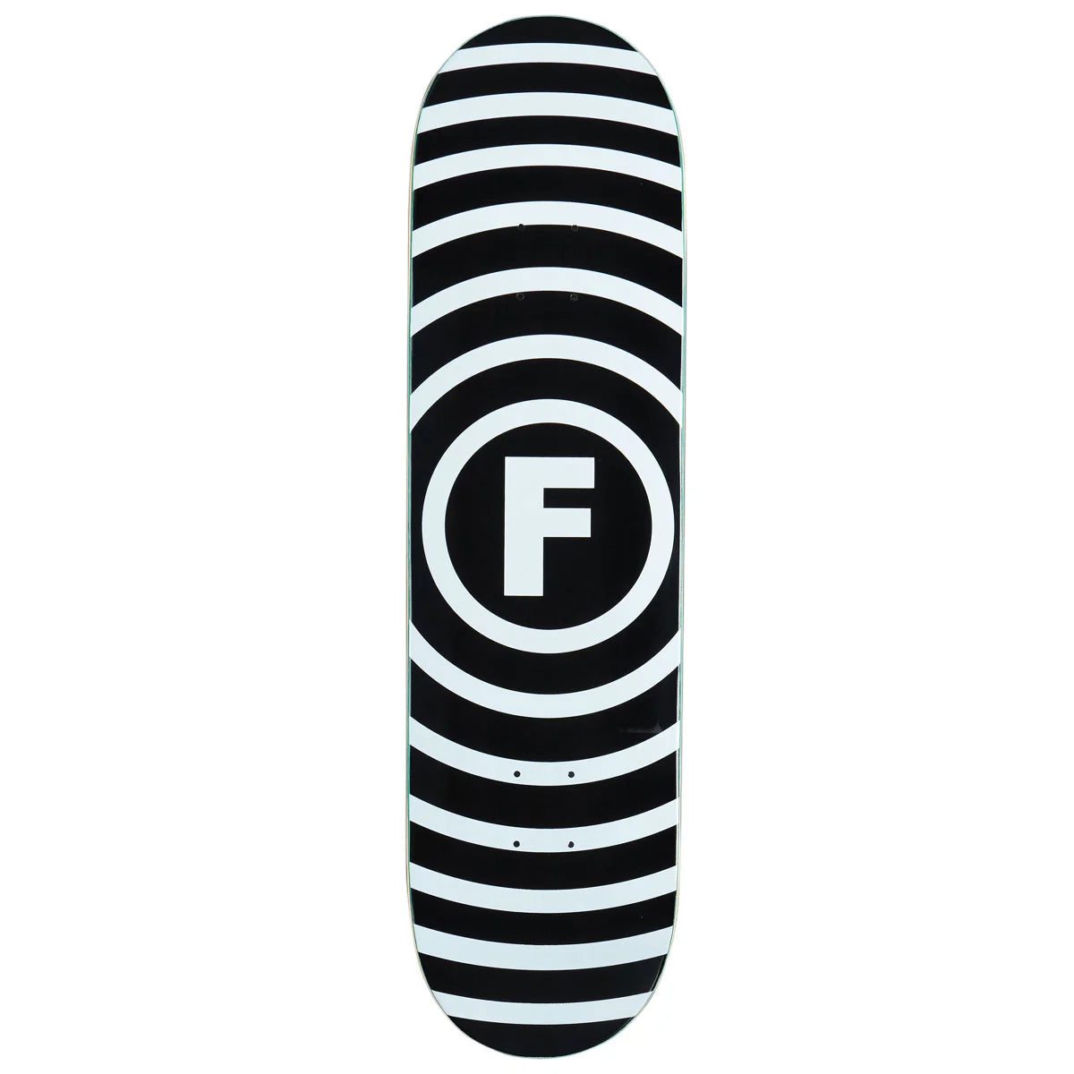 Skateboard deck with black and white striped pattern and central 'F' logo on a white background